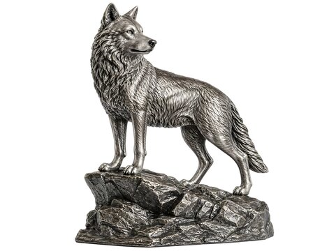 A majestic 3D wolf sculpture with realistic fur details, brushed silver finish, standing on a rugged mountain rock base, isolated on a pure white background