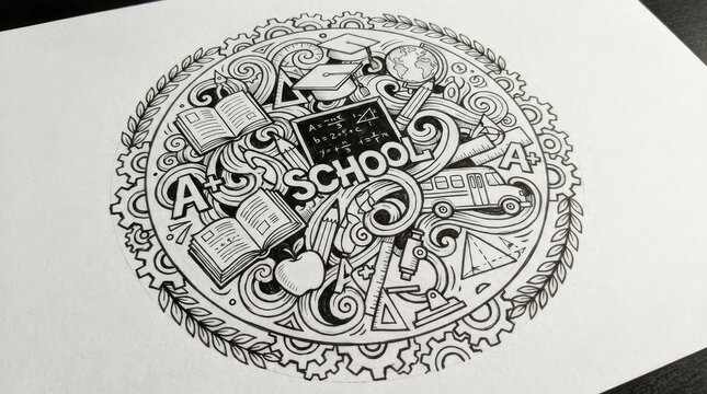 Circular black and white school doodle art illustration.