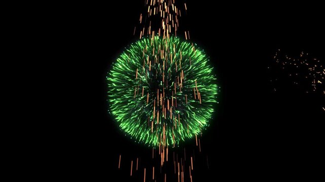 Green fireworks explosion on black background. Bright pyrotechnic display for celebration.
