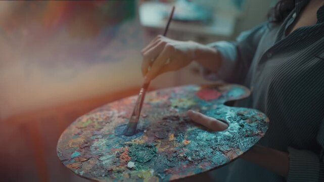 Artist mixing colorful acrylic paint on palette with brush during creative studio session, Closeup of female painter preparing vibrant colors for contemporary artwork on canvas 4k