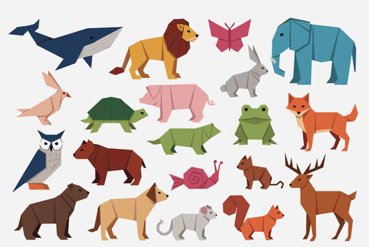 Wide variety of colorful paper origami animals including a whale lion rabbit elephant and birds are displayed in a set.