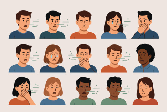 Grid of diverse human faces shows various expressions of sadness illness and distress with some figures sneezing and crying.