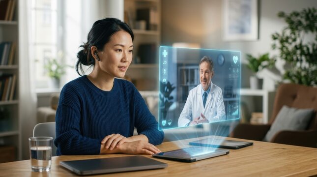 An Asian woman participating in an online medical consultation with a Caucasian male doctor displayed through an advanced holographic screen projection. 