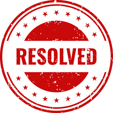Red 'resolved' stamp with stars problem solved issue closed completion confirmation graphic