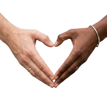 Diverse hands making a heart shape sign together to show love and unity