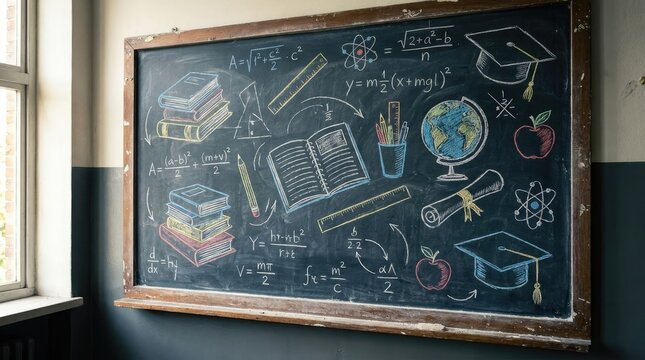 Chalkboard covered in educational drawings and math formulas.
