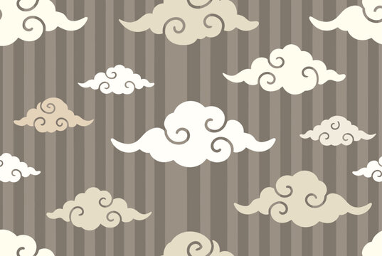 Traditional oriental pattern featuring stylized white and beige clouds on a brown vertical striped background for decorative art.
