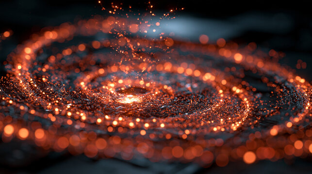 In the three-dimensional digital computing space, a swirling galaxy-like data cloud formed of countless small orange-red light particles converging toward a bright central processi