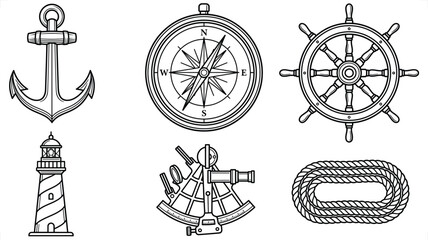 Nautical maritime icons with anchor lighthouse compass sextant ship wheel and rope on white background © Graphic Seller