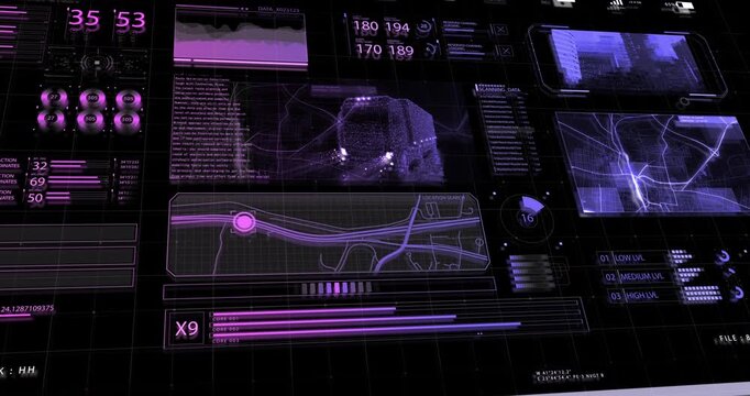 A wide futuristic control screen shows a scanned truck, route maps, and glowing violet analytics across multiple panels.
