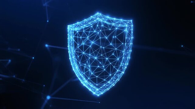 Glowing blue digital shield mesh, symbolizing cybersecurity, protection, and technological resilience.
