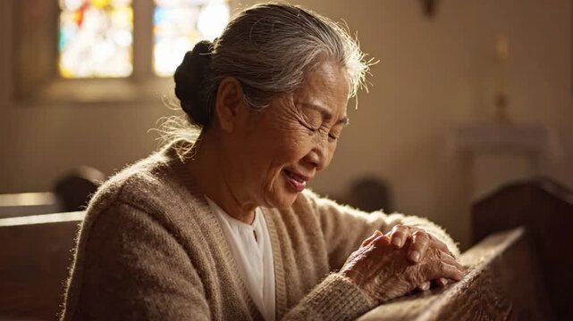Spiritual woman prays to God in a church during difficult times and seeks guidance