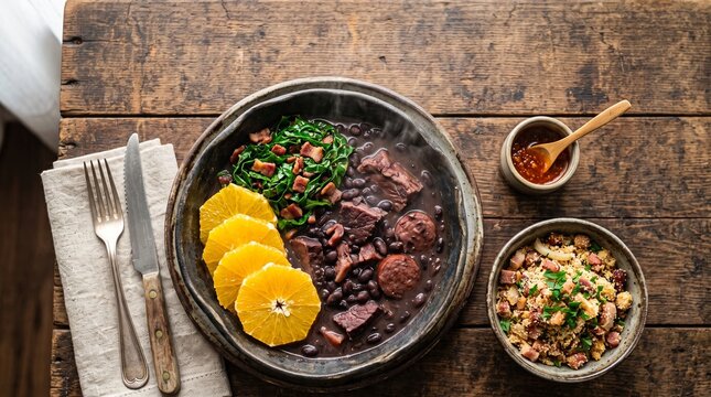 Feijoada a traditional Brazilian stew with black beans meat and sausage served with farofa and orange slices on a rustic wooden table