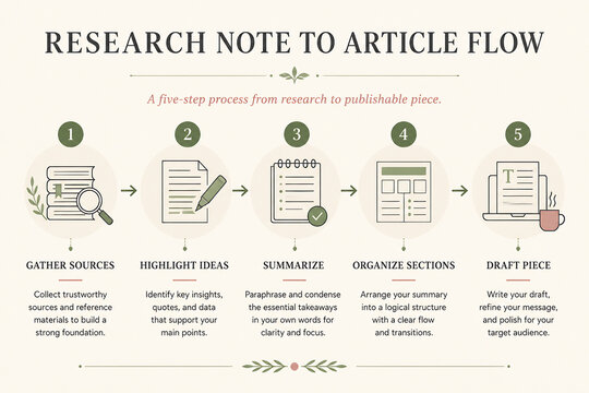 A diagram illustrates a five-step process for transforming research notes into a publishable article.