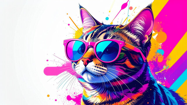 カラフルなサングラスをかけたクールなトラ猫の鮮やかなポップアート