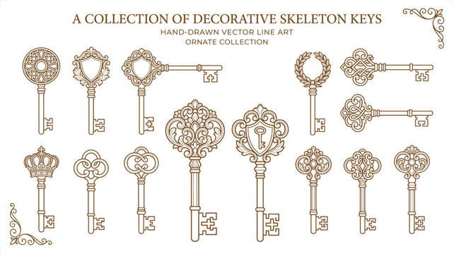 Ornate antique skeleton keys collection in warm sepia tones for vintage design projects