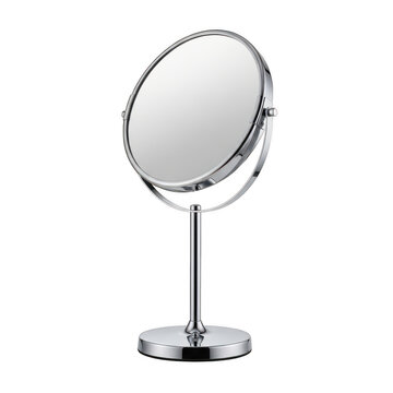 Round silver makeup mirror on a stand for beauty and grooming isolated on transparent background