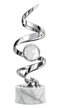 A sleek modern sculpture featuring a polished silver metallic spiral winding gracefully upward.
Enclosing a pristine clear crystal sphere, this contemporary art piece rests on a round white marble bas