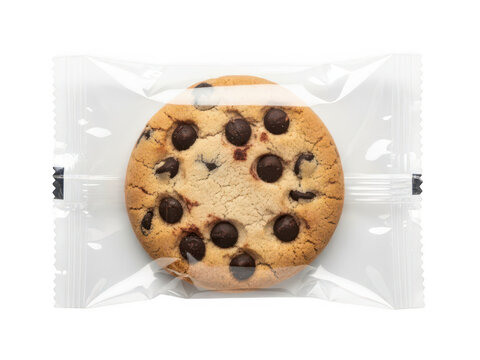 Single chocolate chip cookie wrapped in clear plastic packaging isolated on transparent background