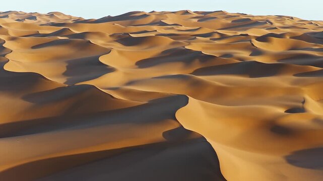 Aerial view of rolling sand dunes with rhythmic wind patterns under warm sunlight in the Kumtag Desert, Xinjiang, China