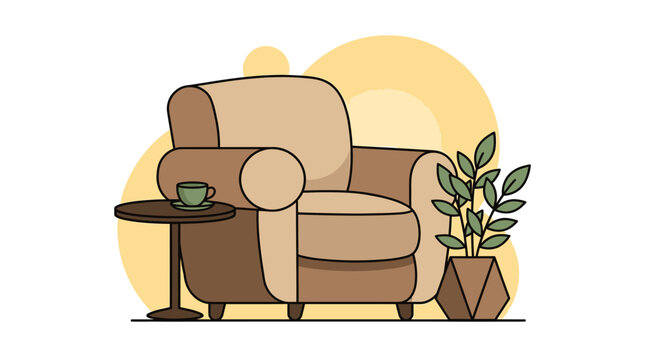 Cozy armchair vector illustration with a small side table, a teacup, and a potted houseplant