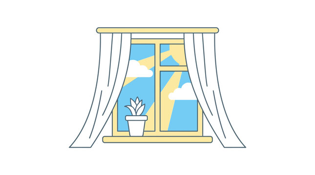 A serene scene of a potted plant on a window sill with open curtains and a view of the sky outside on a sunny day with clouds