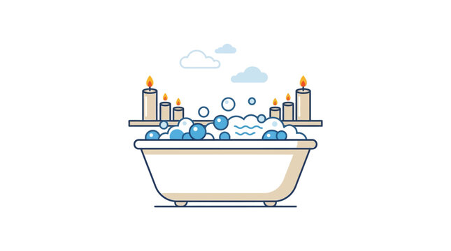 Clean vector illustration of a luxurious bathtub filled with relaxing bubbles and illuminated by warm candlelight, perfect for self-care and a serene spa-like escape