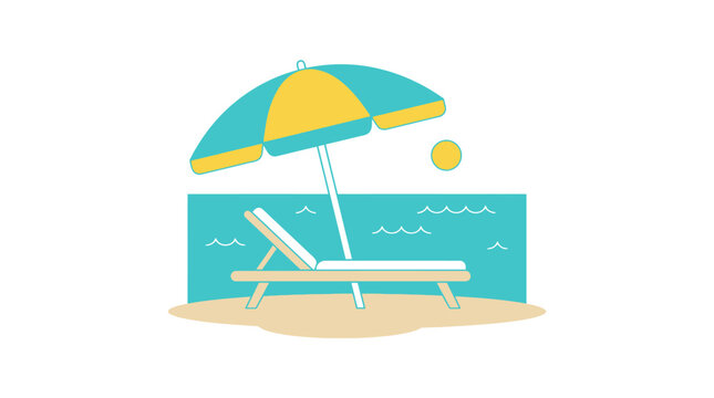 Minimalist flat vector illustration of a summer beach scene with a teal umbrella, lounge chair, and calm ocean waves