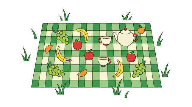 A green picnic blanket lies on grass with fruit and tea beside a pair of flip flops.