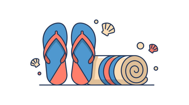 Summer Beach Vacation Illustration Featuring Blue Flip Flops and a Rolled Striped Towel with Seashells