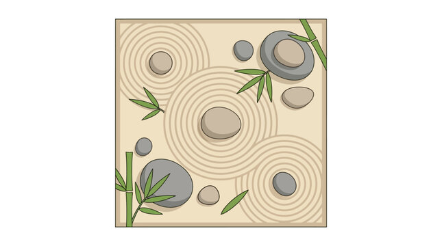 A serene landscape featuring rounded stones and lush green leaves on a sandy surface with concentric circular patterns.