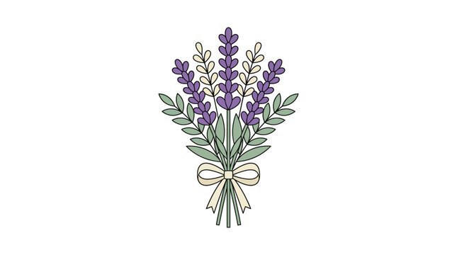 A beautiful lavender bouquet tied with a ribbon is centered in a landscape