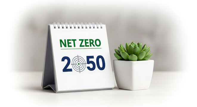 Net zero 2050 concept with a calendar and a succulent plant on a table, representing climate change goals and sustainability targets for the future