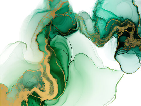 Green and gold alcohol ink marble pattern with flowing shapes on a white background abstract swirls texture fluid