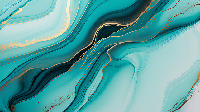 Alcohol ink painting with swirling teal and black patterns accented by gold flecks on a white background abstract