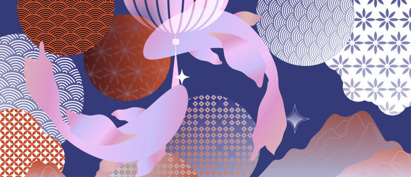 Japanese koi fish and paper lantern pattern vector. Pastel pink carp, geometric circles, floral motifs and sparkles on dark blue background for fabric, wallpaper and packaging.