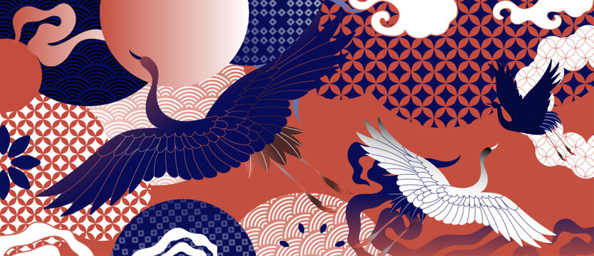 Japanese crane and moon background vector. Flying cranes, clouds and traditional geometric wave motifs in navy, coral and white for fabric, wallpaper, packaging and greeting cards.