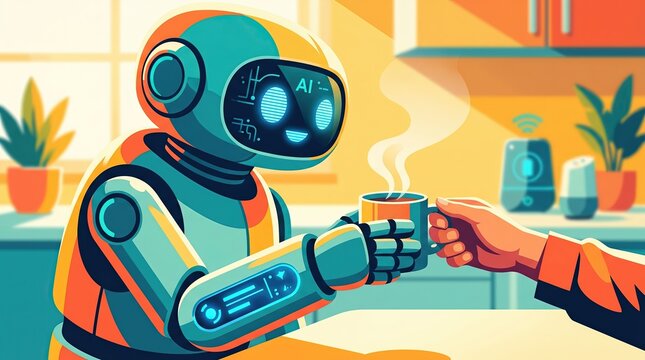 CES Innovation Technology, Friendly Robot Serving Coffee in Modern Kitchen