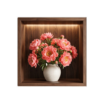 Beautiful pink peony flowers in a ceramic vase inside a wooden wall niche with warm interior lighting