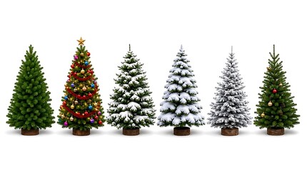 Fototapeta premium Five decorated christmas trees with different themes and ornaments, christmas