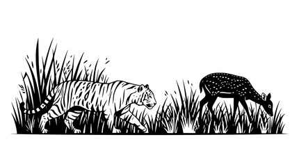 Tiger stalking a deer in tall grass, monochrome silhouette illustration © illlustration