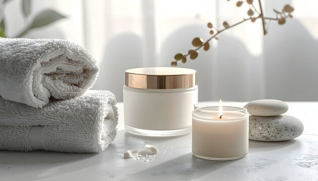 Toallas blancas enrolladas con vela encendida, crema cosm&eacute;tica y piedras en ambiente luminoso de spa y bienestar