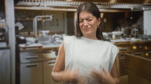 Woman standing in a kitchen inside a building, hands pressed to bare chest with a frown and grimace, later pointing with fingers in a sequence; disgust.