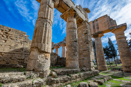 Exploration of ancient ruins at the temple of Zeus in the UNESCO world heritage site Cyrene in Libya