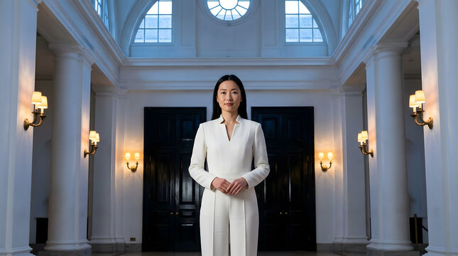 Mujer asi&aacute;tica elegante con traje blanco de pie en un gran vest&iacute;bulo de arquitectura cl&aacute;sica
