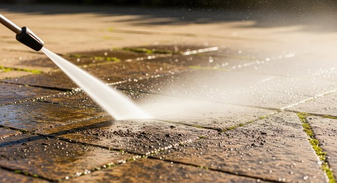 A powerful stream of water from a high-pressure nozzle removes thick layers of dirt, grime, and moss from old stone patio tiles outdoors, nozzle, floor, spray