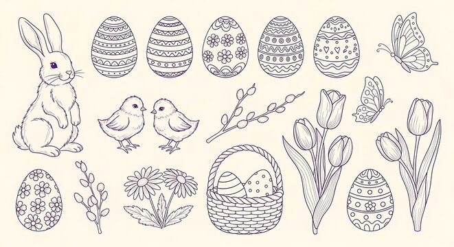 Easter holiday hand drawn illustration collection set with line art, decorative