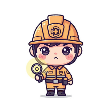 Cute cartoon fireman in uniform.