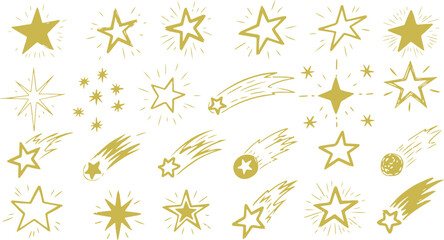 A charming collection of sketchy gold hand-drawn stars, glowing sparkles, and shooting comets on a clean background. © Mend