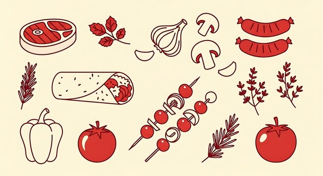Set of hand drawn bbq and grilled food ingredients and icons with barbecue